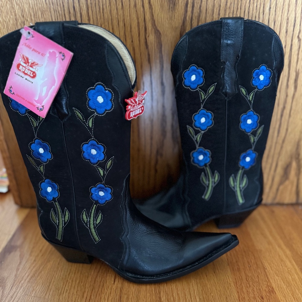 Rudel Leather Cowboy Boots Floral Embroidered